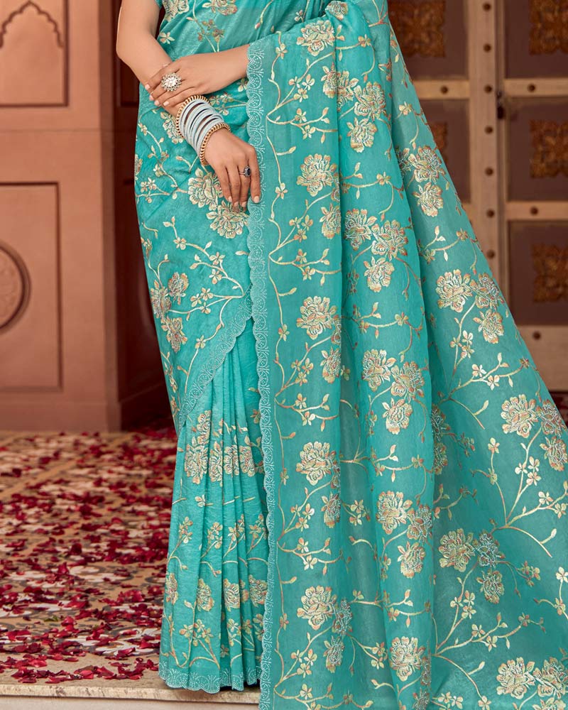 Vishal Prints Persian Green Designer Crushed Tissue Saree With Embroidery-Diamond Work And Fancy Cut Work Border