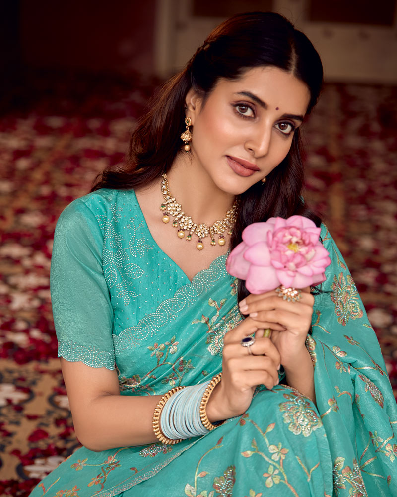 Vishal Prints Persian Green Designer Crushed Tissue Saree With Embroidery-Diamond Work And Fancy Cut Work Border