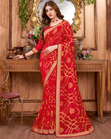 Vishal Prints Cherry Red Brasso Saree With Stone Work And Zari Border