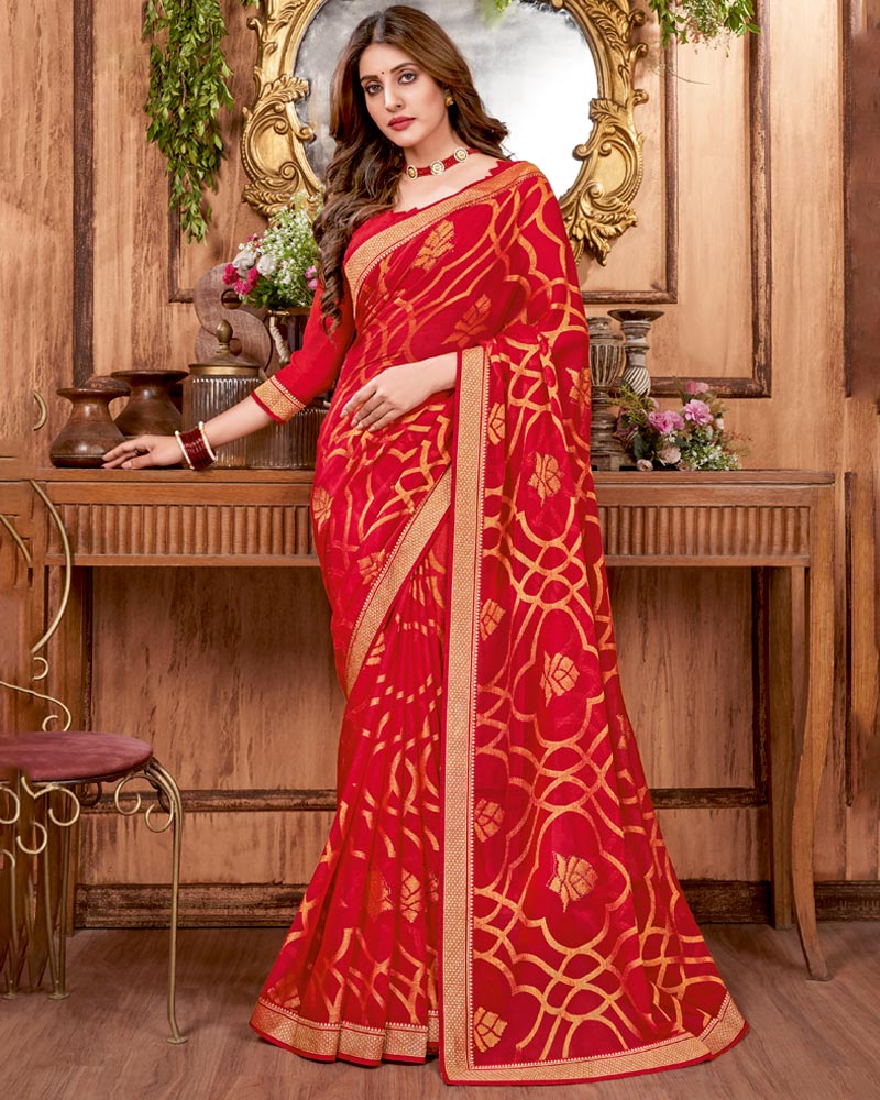 Vishal Prints Cherry Red Brasso Saree With Stone Work And Zari Border