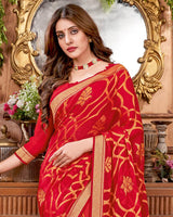 Vishal Prints Cherry Red Brasso Saree With Stone Work And Zari Border