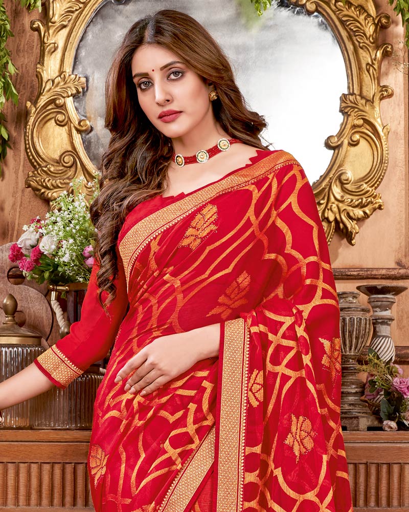 Vishal Prints Cherry Red Brasso Saree With Stone Work And Zari Border