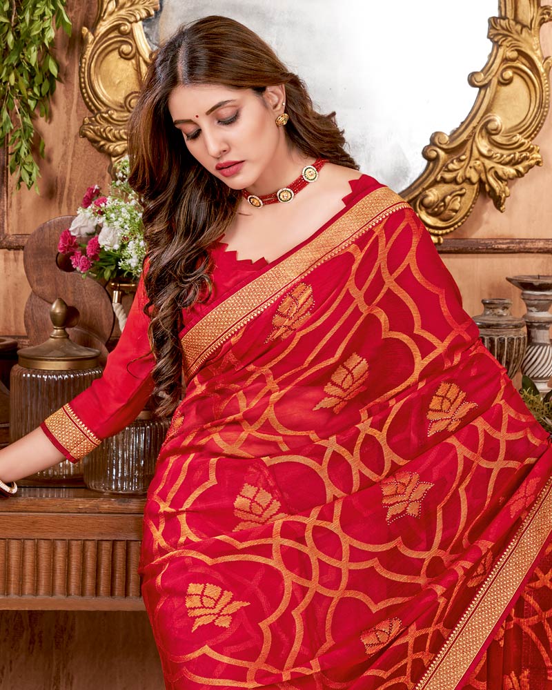 Vishal Prints Cherry Red Brasso Saree With Stone Work And Zari Border
