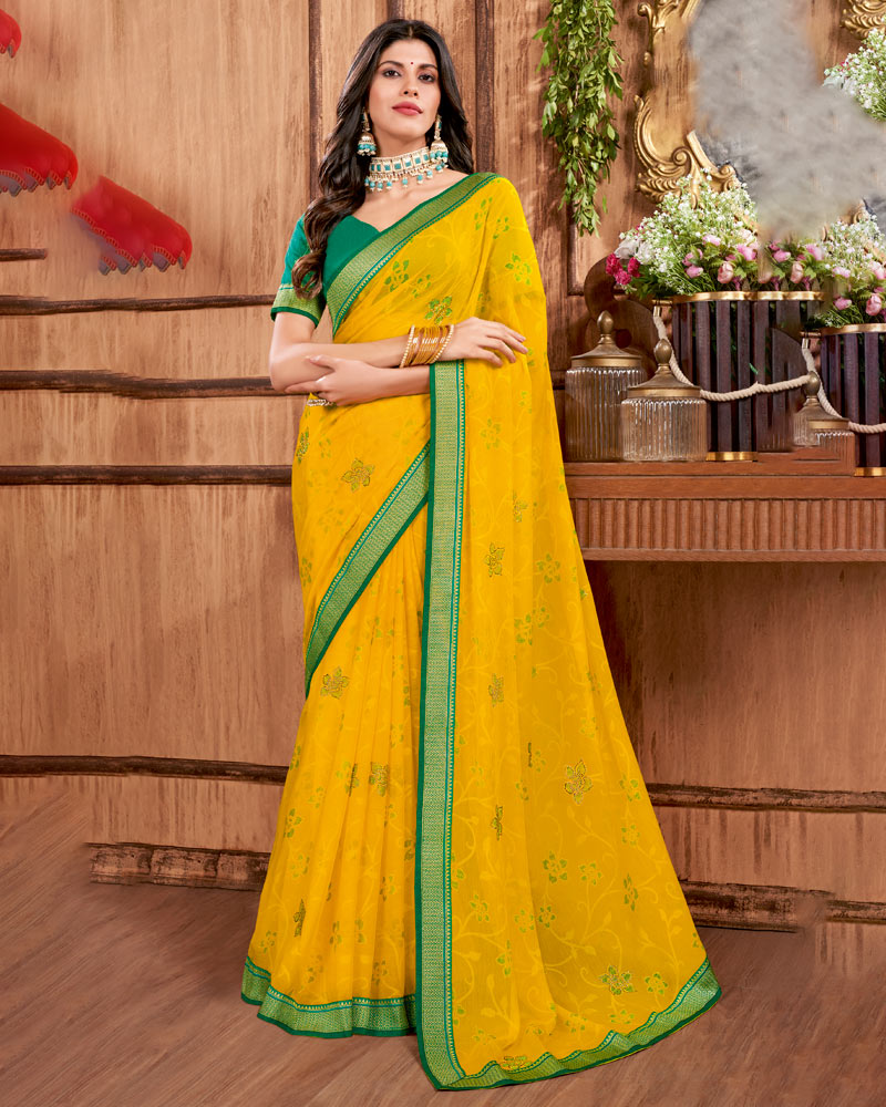 Vishal Prints Golden Yellow Brasso Saree With Stone Work And Zari Border