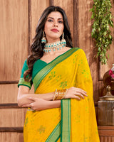 Vishal Prints Golden Yellow Brasso Saree With Stone Work And Zari Border