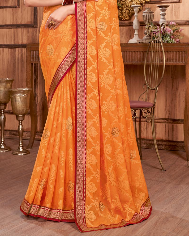 Vishal Prints Saffron Color Brasso Saree With Stone Work And Zari Border