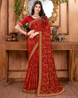 Vishal Prints Dark Red Brasso Saree With Stone Work And Zari Border