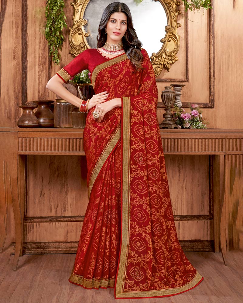 Vishal Prints Dark Red Brasso Saree With Stone Work And Zari Border