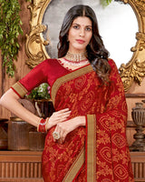 Vishal Prints Dark Red Brasso Saree With Stone Work And Zari Border