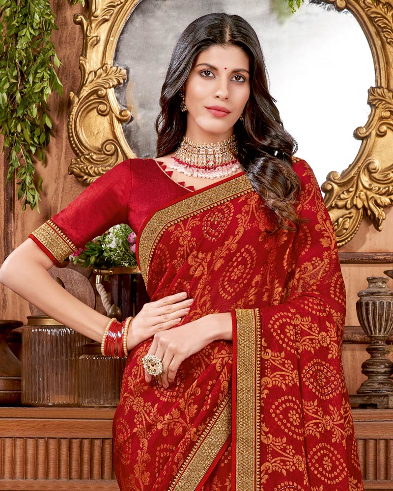 Vishal Prints Dark Red Brasso Saree With Stone Work And Zari Border