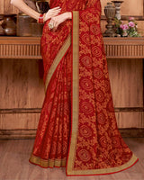 Vishal Prints Dark Red Brasso Saree With Stone Work And Zari Border