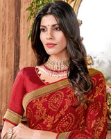 Vishal Prints Dark Red Brasso Saree With Stone Work And Zari Border