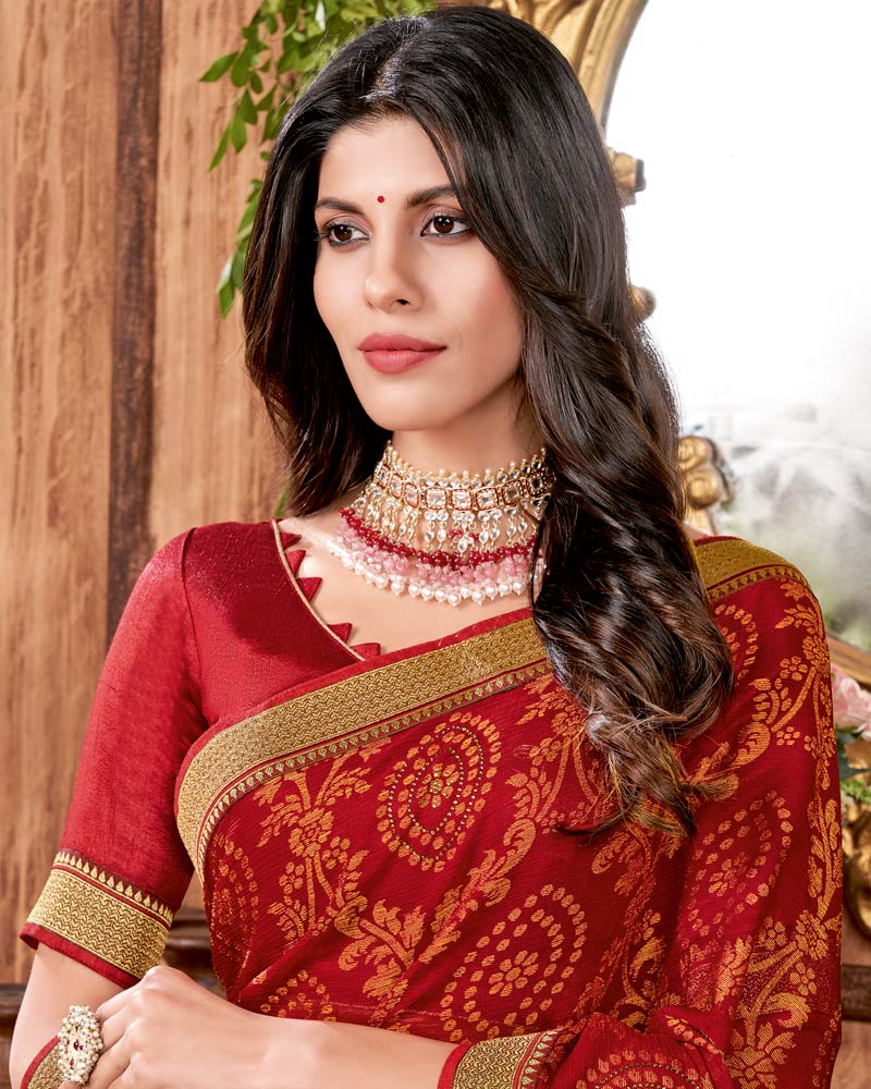 Vishal Prints Dark Red Brasso Saree With Stone Work And Zari Border