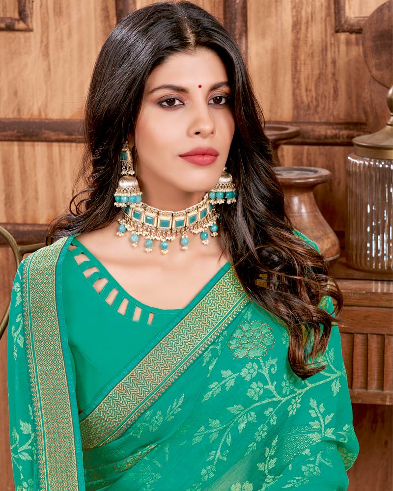 Vishal Prints Aqua Green Brasso Saree With Stone Work And Zari Border