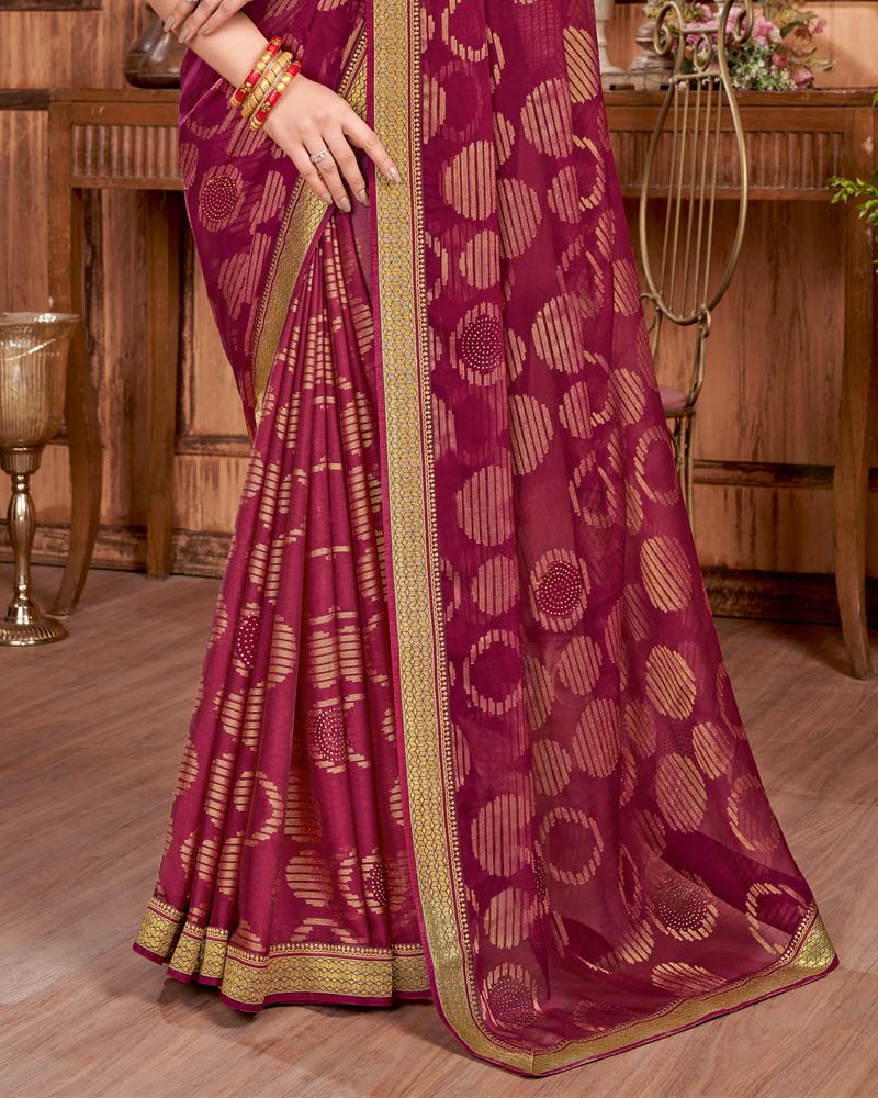 Vishal Prints Wine Brasso Saree With Stone Work And Zari Border