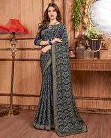 Vishal Prints Dark Navy Blue Brasso Saree With Stone Work And Zari Border