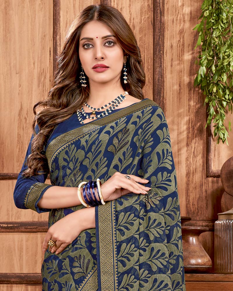 Vishal Prints Dark Navy Blue Brasso Saree With Stone Work And Zari Border