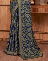 Vishal Prints Dark Navy Blue Brasso Saree With Stone Work And Zari Border