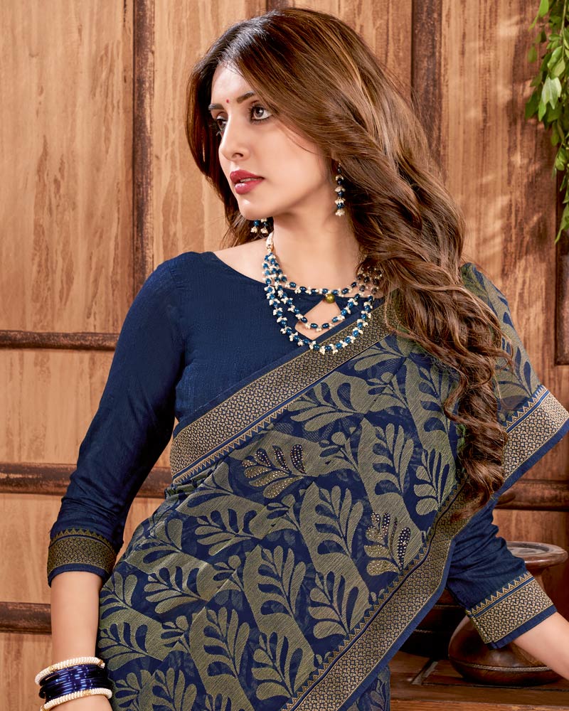 Vishal Prints Dark Navy Blue Brasso Saree With Stone Work And Zari Border