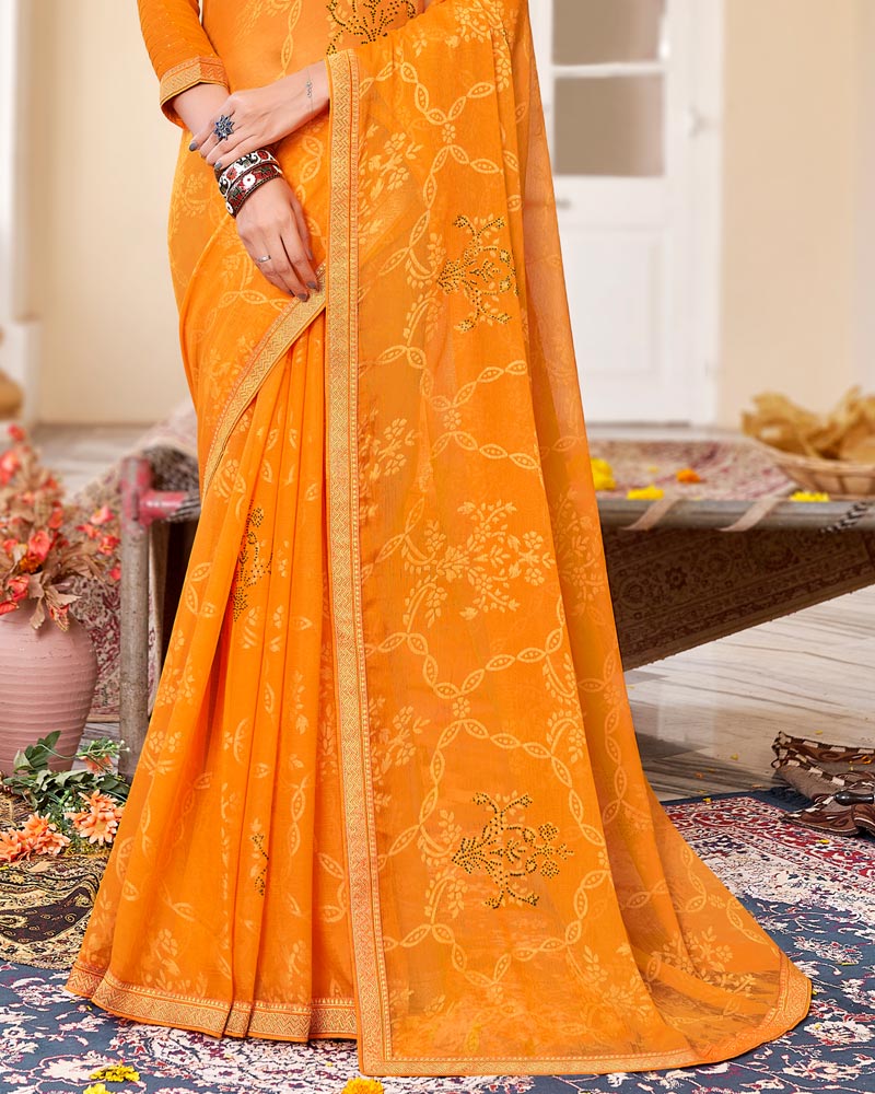 Vishal Prints Orange Brasso Saree With Diamond Work And Zari Border