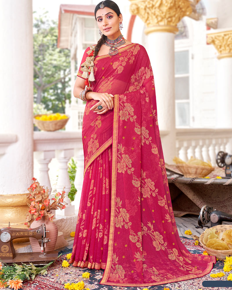 Vishal Prints Red Pink Brasso Saree With Diamond Work And Zari Border