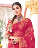Vishal Prints Red Pink Brasso Saree With Diamond Work And Zari Border