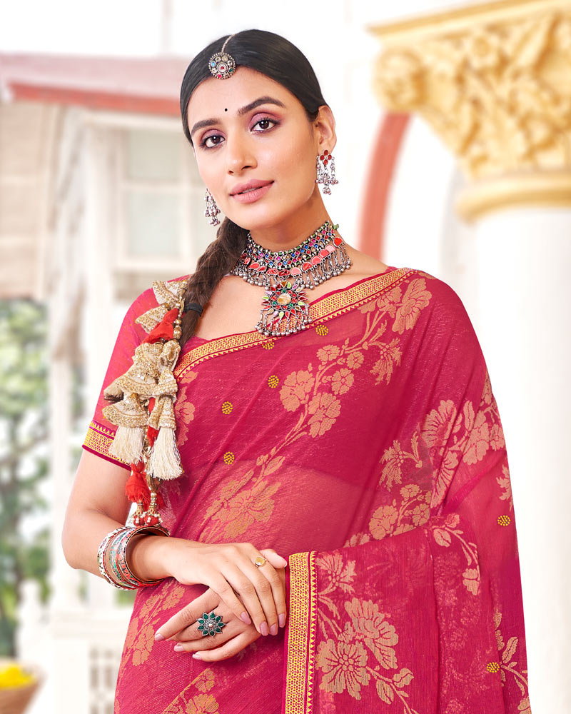 Vishal Prints Red Pink Brasso Saree With Diamond Work And Zari Border