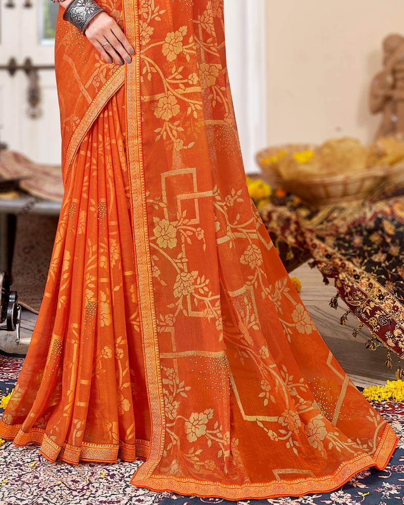 Vishal Prints Dark Orange Brasso Saree With Diamond Work And Zari Border