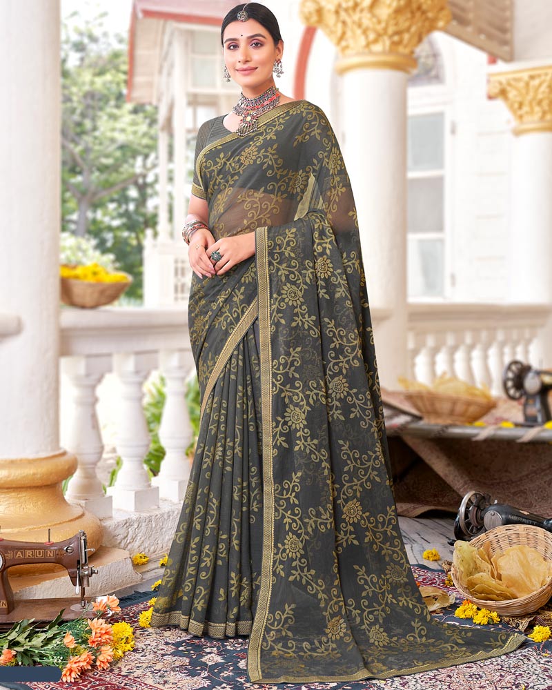 Vishal Prints Charcoal Grey Brasso Saree With Diamond Work And Zari Border