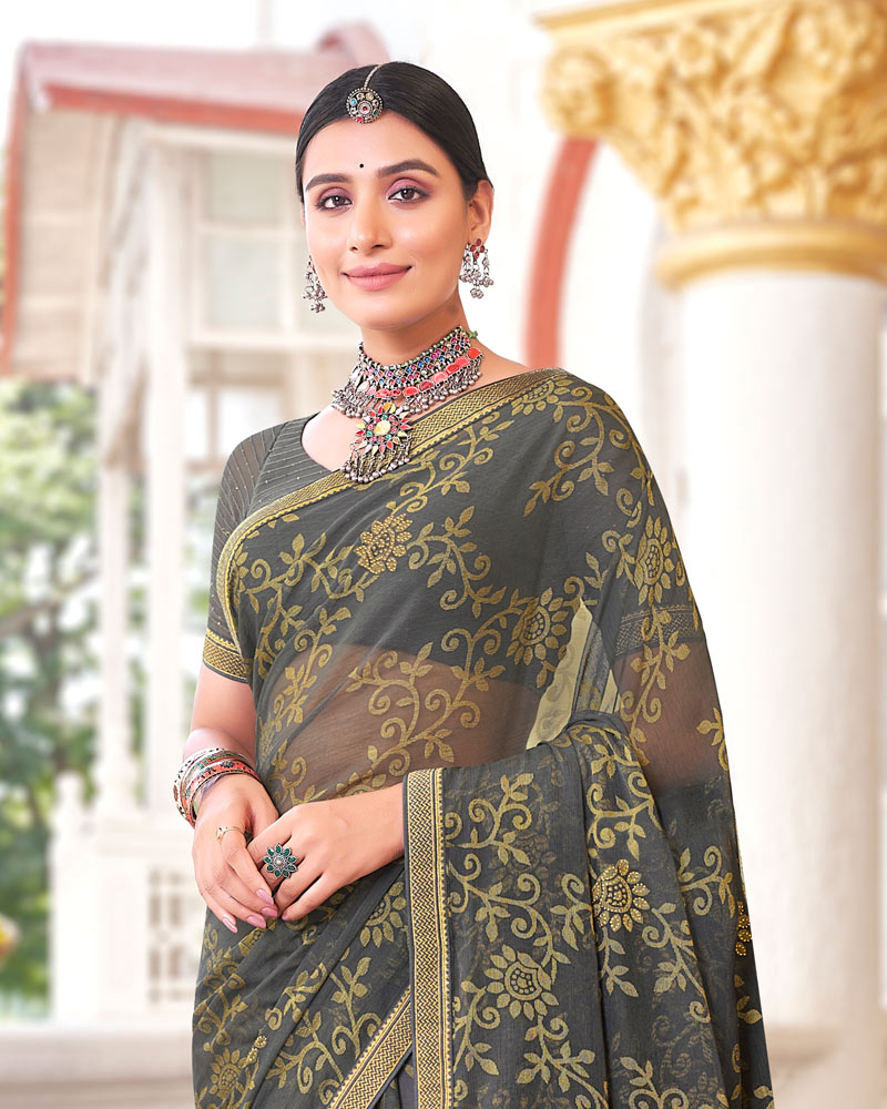 Vishal Prints Charcoal Grey Brasso Saree With Diamond Work And Zari Border