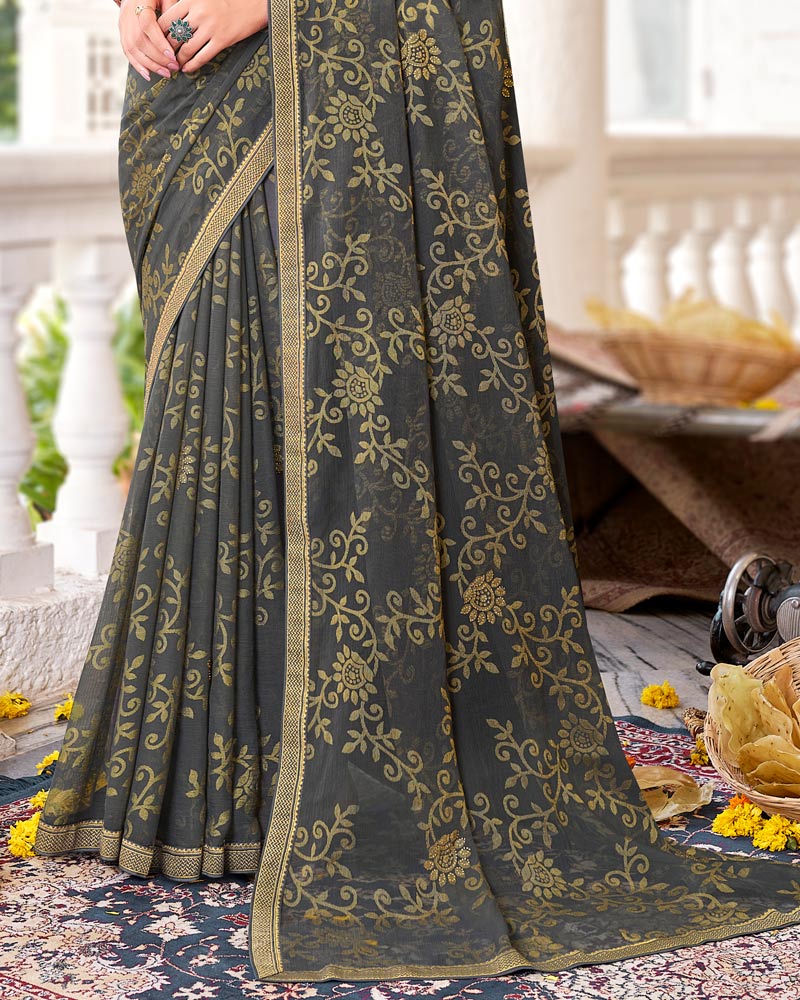 Vishal Prints Charcoal Grey Brasso Saree With Diamond Work And Zari Border