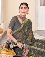 Vishal Prints Charcoal Grey Brasso Saree With Diamond Work And Zari Border