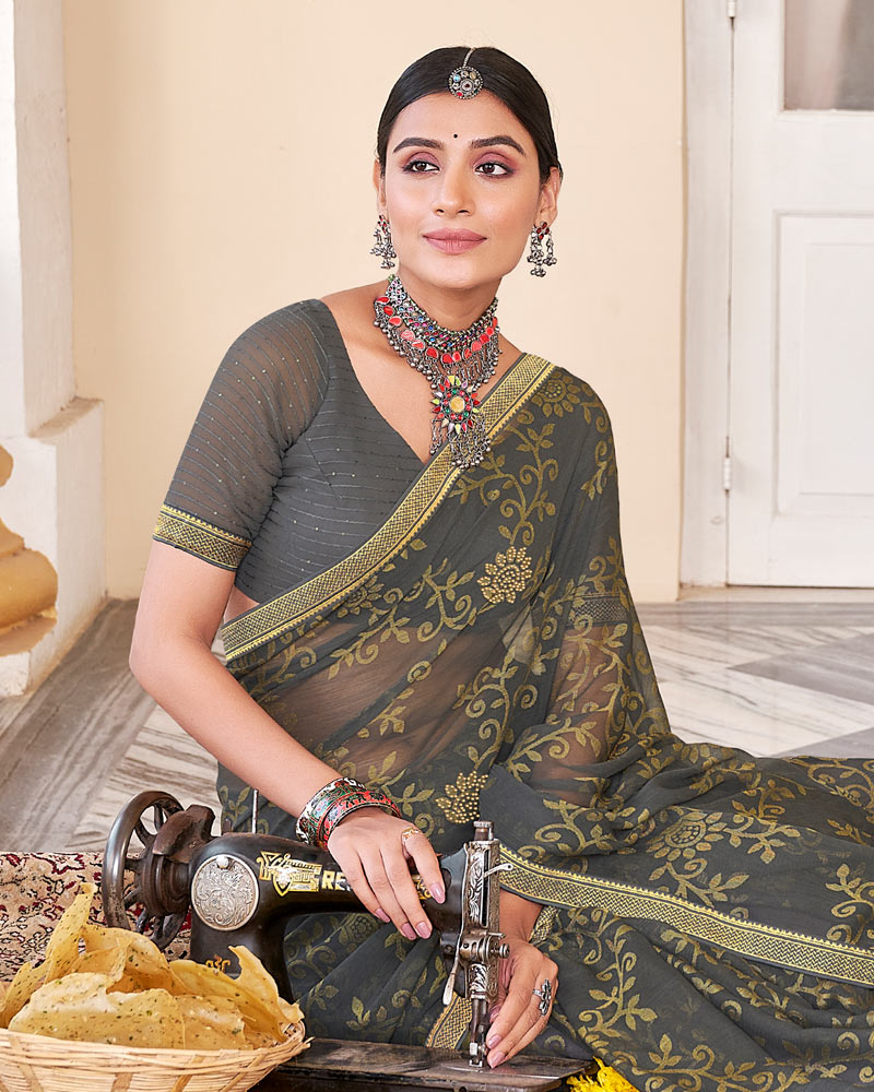 Vishal Prints Charcoal Grey Brasso Saree With Diamond Work And Zari Border
