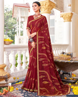Vishal Prints Dark Red Brasso Saree With Diamond Work And Zari Border