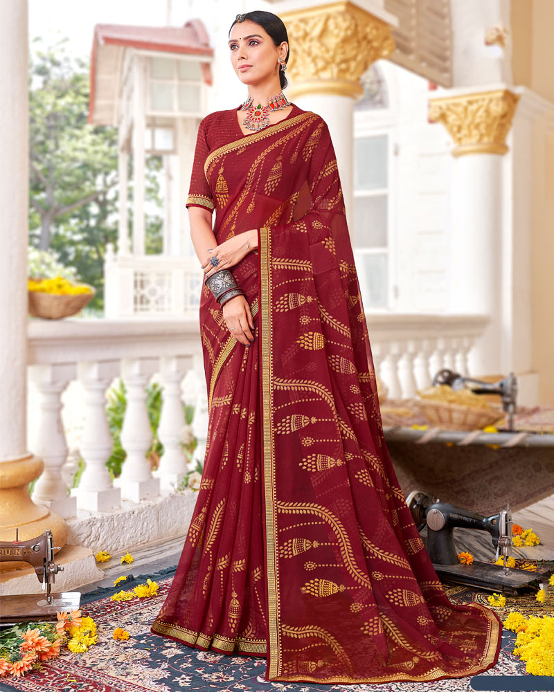 Vishal Prints Dark Red Brasso Saree With Diamond Work And Zari Border