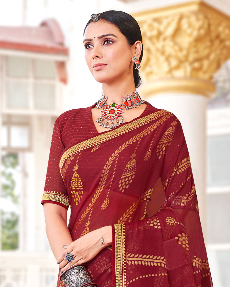 Vishal Prints Dark Red Brasso Saree With Diamond Work And Zari Border