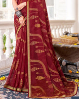 Vishal Prints Dark Red Brasso Saree With Diamond Work And Zari Border