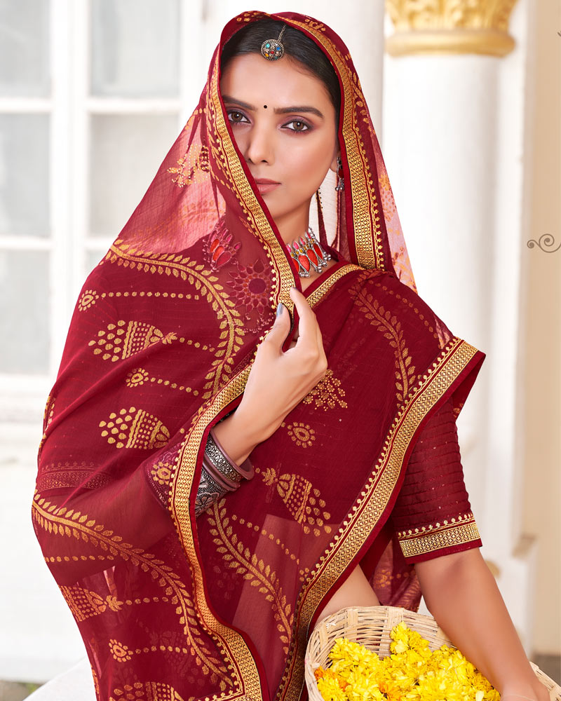 Vishal Prints Dark Red Brasso Saree With Diamond Work And Zari Border