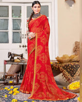 Vishal Prints Red Brasso Saree With Diamond Work And Zari Border