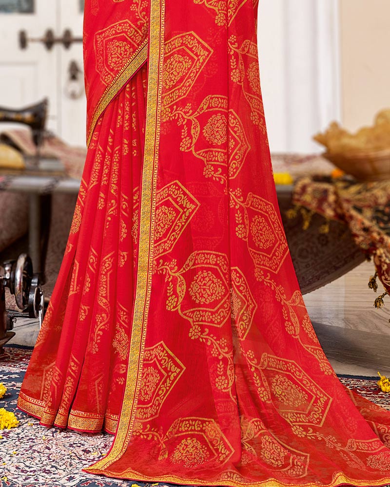 Vishal Prints Red Brasso Saree With Diamond Work And Zari Border