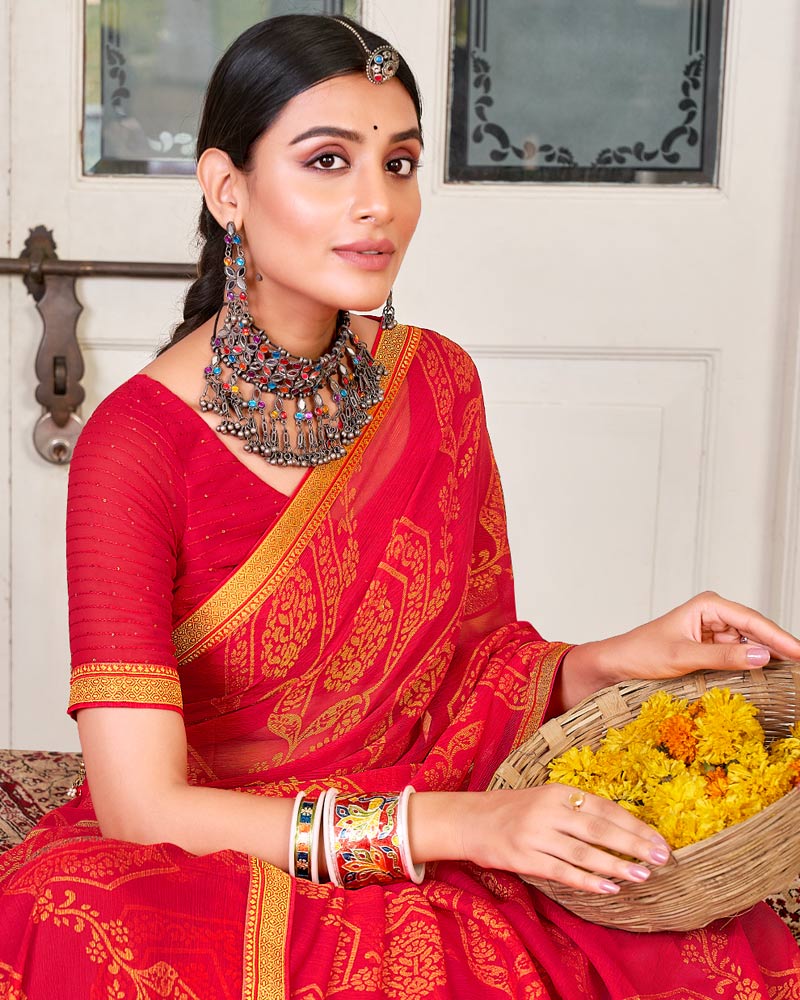 Vishal Prints Red Brasso Saree With Diamond Work And Zari Border