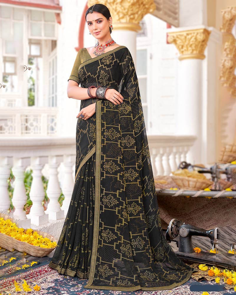 Vishal Prints Black Brasso Saree With Diamond Work And Zari Border