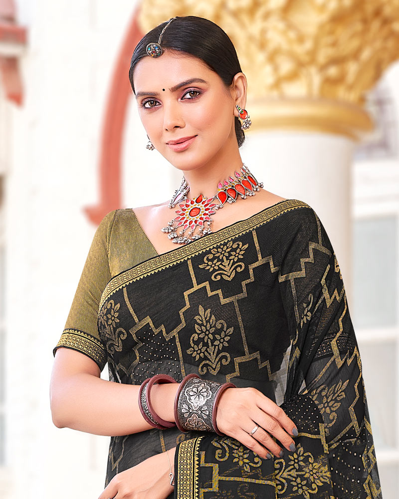 Vishal Prints Black Brasso Saree With Diamond Work And Zari Border