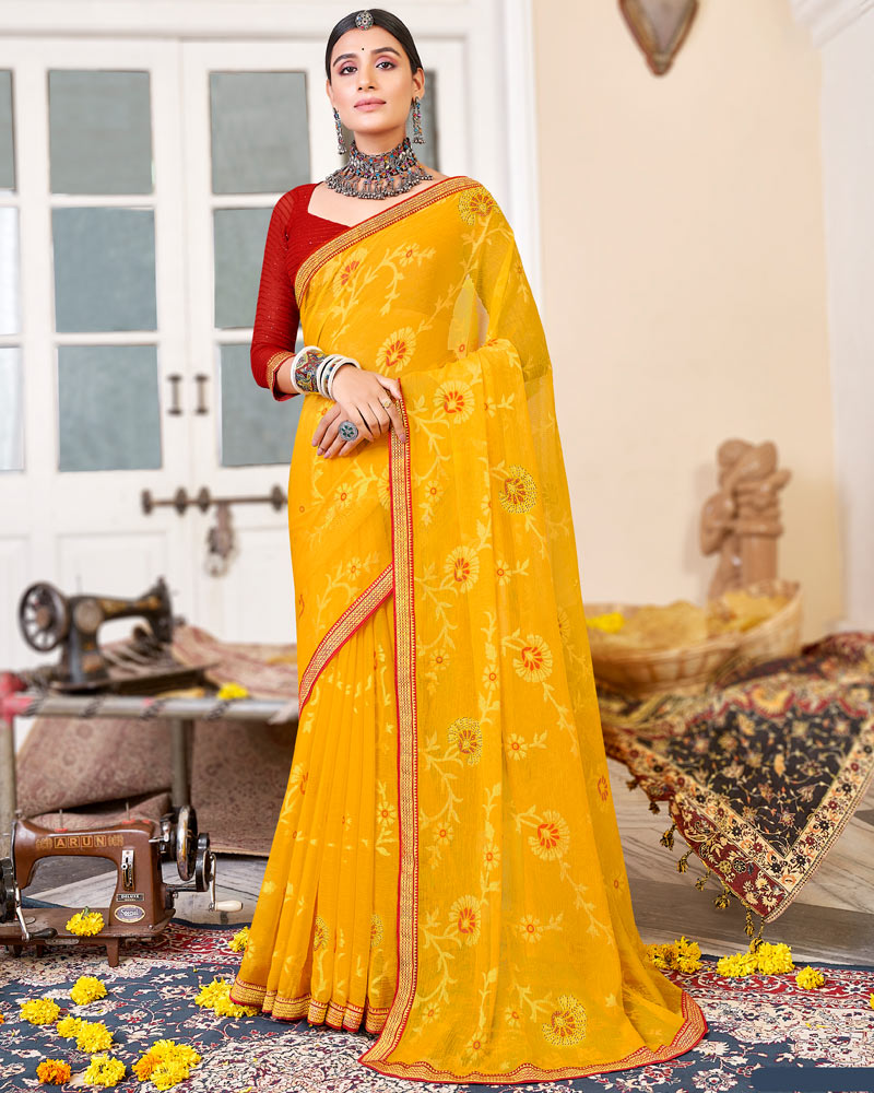 Vishal Prints Dark Yellow Brasso Saree With Diamond Work And Zari Border