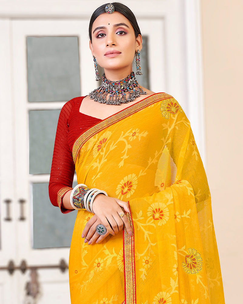 Vishal Prints Dark Yellow Brasso Saree With Diamond Work And Zari Border