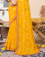 Vishal Prints Dark Yellow Brasso Saree With Diamond Work And Zari Border