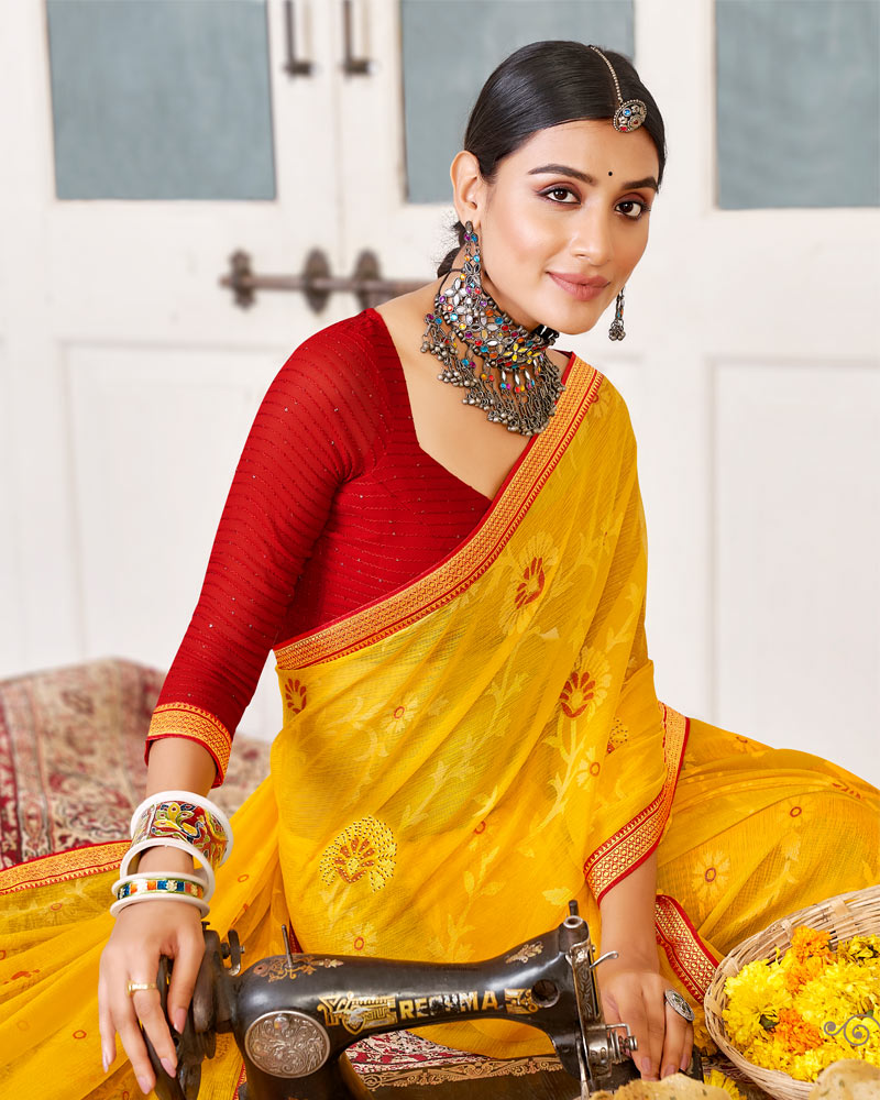 Vishal Prints Dark Yellow Brasso Saree With Diamond Work And Zari Border