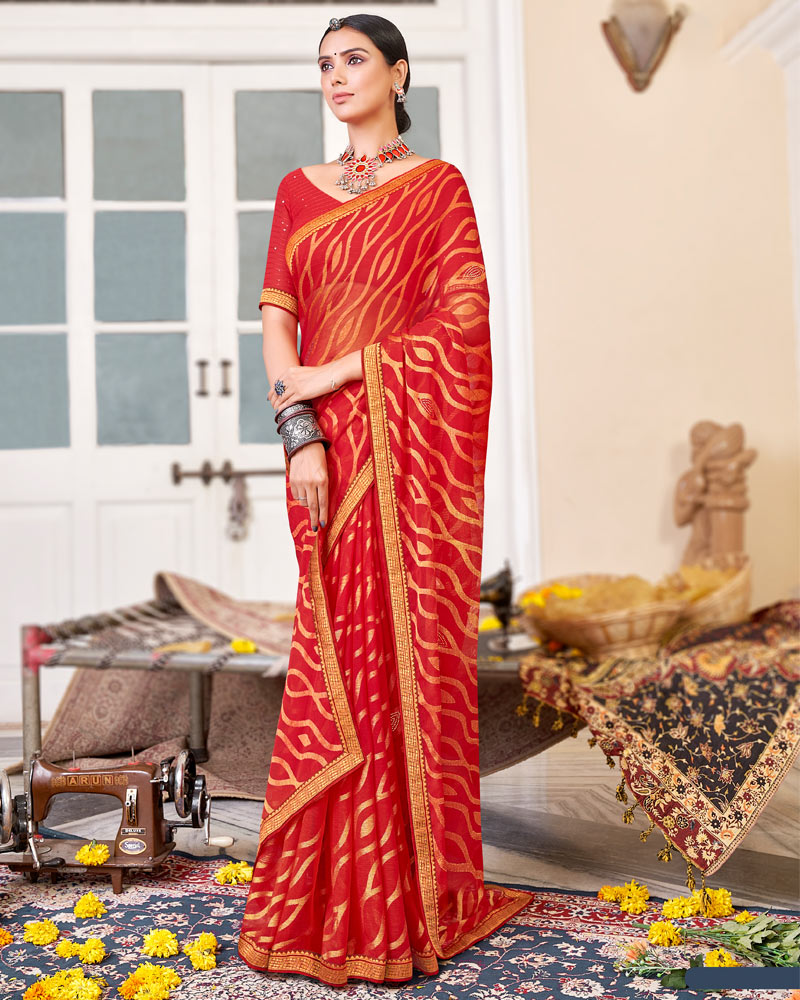 Vishal Prints Cherry Red Brasso Saree With Diamond Work And Zari Border