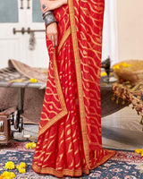 Vishal Prints Cherry Red Brasso Saree With Diamond Work And Zari Border