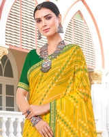 Vishal Prints Golden Yellow Brasso Saree With Diamond Work And Zari Border